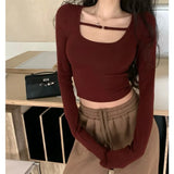 Vevesc Streetwear Solid Color Casual Long-sleeved T-shirt Women 2024 Spring New Korean Fashion All Match Sexy Slim Crop Tops