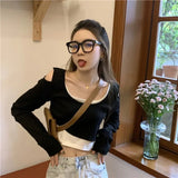 Vevesc Contrast Color Tees Preppy Style Korean Off Shoulder Y2k Sweet Tshirts Crop Tops Fake Two Piece Women Slim Fit Patchwork