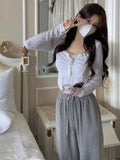 Vevesc Korean Lace Crop T Shirts Women Sweet Girl Aesthetic Y2k Tops Female Solid Fairy Slim Shirts Bandage Long Sleeve Tees
