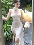 Vevesc Summer White Ruffled France Elegant Dress Women Open Fork Designer Fairy Dress Female Korean Fashion Suspender Midi Dress