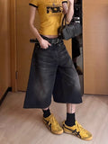 Vevesc American Street Straight Calf-Length Pants Y2k Vintage Black Washed Denim Shorts 2024 New High Waist Wide Leg Jeans Women