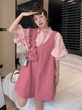 Vevesc  Dopamine Matching Sets Flare Sleeve Single Breasted Shirts Irregular Overall Shorts Ruffles Patchwork Summer Women Clothing