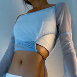 Vevesc Sexy Slant Shoulder Long Sleeve Cropped T-shirt Women Mesh See Through Lace Up Slim Tee Shirts Spring Fall Night Club Tops