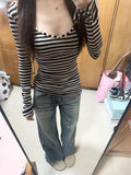 Vevesc American Fashion Popular V Neck Long Sleeve Shirts Y2k Aesthetic Striped Vintage Punk Tops All Match Casual Girl Clothing