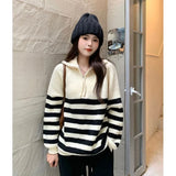 Vevesc Korean Black Contrast Color Striped Pullovers Sueters Mujer Knitted Half High Collar Zipper Y2k Sweaters Women Lazy Casual Tops