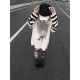 Vevesc Japanese Loose All Match O Neck Spliced Striped Long Sleeve Shirts Sweet Cute Harajuku Subcultural Print Lazy Tops Y2k 2000s Tee