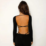 Vevesc Black Backless Bodysuits Women Square Neck Long Sleeve Thong Open Back Bodysuit Sexy Tops Fall Winter Outfits