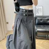 Vevesc Solid Color Pleated Skirts Women Fashion High Waist Preppy Style Long Skirt Womens Korean Chic Street A-line Skirt Fall