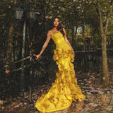 Vevesc Gold Stretchy Mermaid Evening Dresses With Ruffles Trimmed Details Square Neckline Long Maxi Gowns To Party