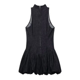 Vevesc  Women’s Black Waist-Cinching Ruffled Hem Denim Mini Dress Back Zipper Summer New Trendy Casual Party Club Streetwear For Woman