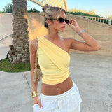 Vevesc Y2K Casaul Solid Color Summer Women T Shirt Pullover Slash Neck One Shoulder Sleeveless Crop Tops Ruched Slim Basic El