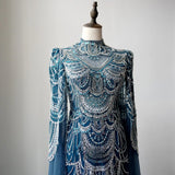 Vevesc   Arabic Blue Mermaid Lace Beaded Formal Occasion Evening Dresses With Cape For Woman Wedding Prom Party Gowns