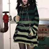 Vevesc Gothic Sweater Women Knitted Grunge Striped Pullovers Punk Hollow Out Loose Jumper  Alternative Clothing Emo Long Sleeve Y2k Top