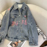 Vevesc Korean Fashion Denim Jacket for Women Oversized Streetwear Vintage 2000s Y2k Letter Jean Jackets Harajuku Aesthetic