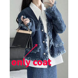 Vevesc Elegant Fashion Long Sleeve Denim Coat Women+ Y2k High Waist Mid-length Loose Skirts 2024 Early Autumn New Two Piece Sets