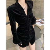 Vevesc Vintage Shirts Women Black Velvet Pleated Blouses Korean Elegant Folds Turn Down Collar Long Sleeve Slim Chic Casual Tops