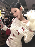 Vevesc Sweet Bow Knitted Pullover Women Off Shoulder Sexy Long Sleeve Sweaters Korean Style Kawaii Autumn Winter Pullovers