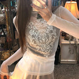 Vevesc Y2k Vintage See-through Mesh Tops White Long Sleeve Floral Graphic Tshirt Coquette Spring Clothes Women