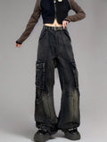 Vevesc American Vintage High Waist Emo Straight Jeans Women's Casual Cargo Pants Baggy Y2K Wide Leg Grunge Street Washed Denim Trouser