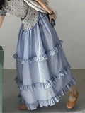 Vevesc  Korean Ruffles Plaid Long Skirts Women High Waist Loose Elegant Skirt Vintage Preppy Style Casual Female Sweet Dance Skirt