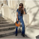 Vevesc  Street Denim Women's Jumpsuit Short Sleeve Lapel Zipper Pocket Top Long  Jeans Sets 2025 Spring Summer Y2k Chic Lady Streetwear