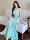 Vevesc  Fairy Halter Long Evening Dresses Women Sexy Butterfly Backless Hollow Out Waist Slim Patchwork Mesh Party Dress Robe