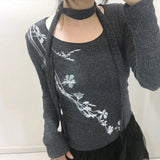 Vevesc Dark Floral Printed T Shirt With Scrarf Gothic O-Neck Long Sleeve Tees Women 2024 Autumn Winter Fashion Streetwear Lady