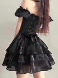 Vevesc Gothic Black Lolita Mini Dress Women Vintage Sexy Spaghetti Strap High Waist Dresses 90s Egirl Punk Slim Party Club Dress Femmes