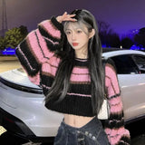 Vevesc Y2k Aesthetic Cropped Sweater Women Casual Loose Contrast Color Striped Pullover Harajuku Streetwear Vintage Jumper Fairy Sueter