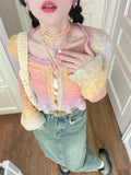 Vevesc Y2K Aesthetic Rainbow Cropped Cardigan Women Harajuku Vintage Hollow Out Knitted Sweater Korean Slim Flare Sleeve Tops
