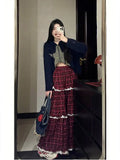 Vevesc Vintage Y2k Long Skirt Women Red Harajuku Streetwear Plaid Skirt Korean Style Retro Patchwork Ruffle Skirts Aesthetics