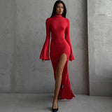 Vevesc Open Back Sexy Split Maxi Dress Elegant Outfits for Women Chic Flare Sleeve Party Club Fashion Red Dresses Vestido