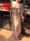 Vevesc  Women Summer French Style Vintage Lace Up High Waist A-line Dress Elegant Princess Drawstring Wrinkles Design Long Skirt