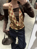 Vevesc Elegant Korean Moda Popular Slash Neck Fake Two Piece  Y2k Aesthetic Halter Constrast Color Plaid Loose Design Tops Harajuku Tee