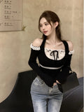 Vevesc Sweet Preppy Korean Lace Patchwork Now T-Shirts Slash Neck Off Shoulder Halter Crop Top Japanese Fashion Y2k Contrast Color Tees