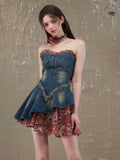 Vevesc Summer Vintage Denim Dress Women Casual Patchwork Floral Party Mini Dress Female Korean Fashion Designer elegant Slim Dress