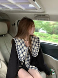 Vevesc Elegant Korean Peter Pan Collar All Match Plaid Blouse Autumn Winter Y2k American Vintage Cardigan Fashion Popular Two Piece Set
