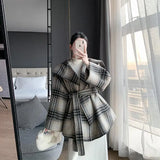 Vevesc Korean Woolen Coat Belt Plaid Double-Sided Woolen Coat Women'S Casual Outerwear Autumn Winter