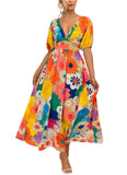Vevesc Floral Print Colorful Puff Sleeve Women Long Dress V-neck Lace Up Elastic High Waist Vestidos Summer Party Streetwear Robes