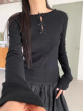 Vevesc Korean Fashion Bow Hollow Out Knitted T-shirts Y2k E-Girl Slim Fit Black Tops Women 2024 Summer New O-neck Bottoming Tees