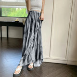 Vevesc Vintage Tie Dye Long Skirt Women Harajuku Tulle Print Maxi Skirts Summer Vacation Korean High Waist Mesh A Line Skirt New