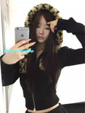 Vevesc American Street Retro Leopard Print Fashion Tops Mujer Autumn Winter New Slim Fit Coat Women Y2k Long Sleeve Zipper Jackets