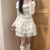 Vevesc Kawaii Ruffle Mini Skirt Sweet Lace Japanese Patchwork Cake Skirt Women Cutecore Lolita Short Skirts Aesthetics Fashion