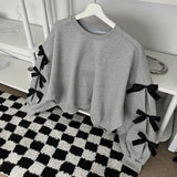 Vevesc Autumn Y2k Aesthetic Preppy Style Hoodies Women Loose Sweet Bow Casual Hoody Navy Blue Grunge Loose Fairy Crop Weatshirts