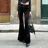 Vevesc Velvet High Waist Flare Pants Harajuku Fashion Cross Embroidery Soft Long Pant Women Autumn Mall Gothic Slim Trousers