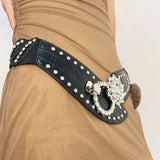 Vevesc  Women Sexy Rhinestone Belts Bling Vintage Flower Punk Metal Buckle Y2K Wide Waistband PU Leather Belt for Skirt Accessories