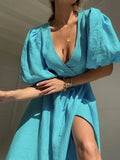 Vevesc Elegant Summer Spring Women Robe Midi Wrap Dress Lace Up V-neck Linen Solid Blue Short Sleeve Lantern Sleeve Flare Slit Dress