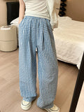 Vevesc  Loose Wide Leg Pants Women Summer New Korean Fashion Lazy Style Casual Plaid Pants Elastic High Waist Straight Women's Pants