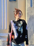 Vevesc Sweaters Women Loose Knitted Sueter Mujer O Neck Long Sleeve Pullovers Y2k Black Floral Print Korean Vintage Streetwear