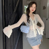 Vevesc Women's Lace Blouse V-neck Mesh See-through Chiffon Sunscreen Cardigan Tops Summer Waist Tie Flared Sleeve Shirt Jacket